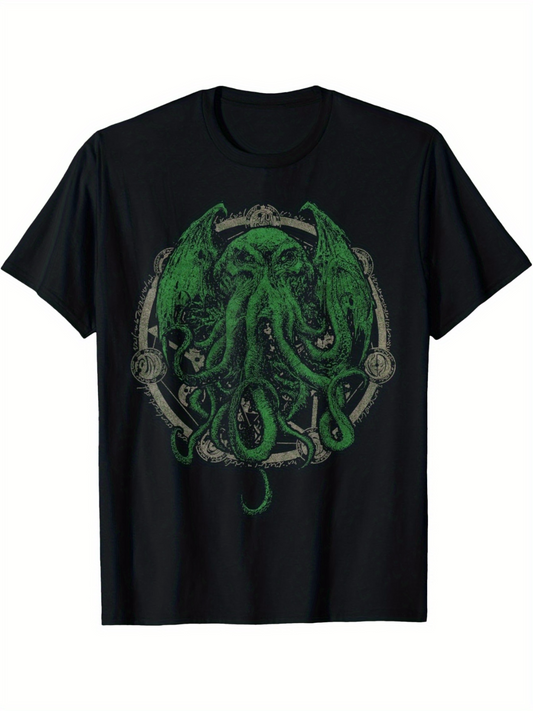 Men's Graphic T-Shirt Ancient Green Tentacles With Gothic Mystical Symbols Among Shadows Cthulhu