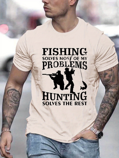 Men's Graphic T-Shirt Fishing Solves Problems Hunting Solves The Rest With Silhouette Of Fisherman And Hunter