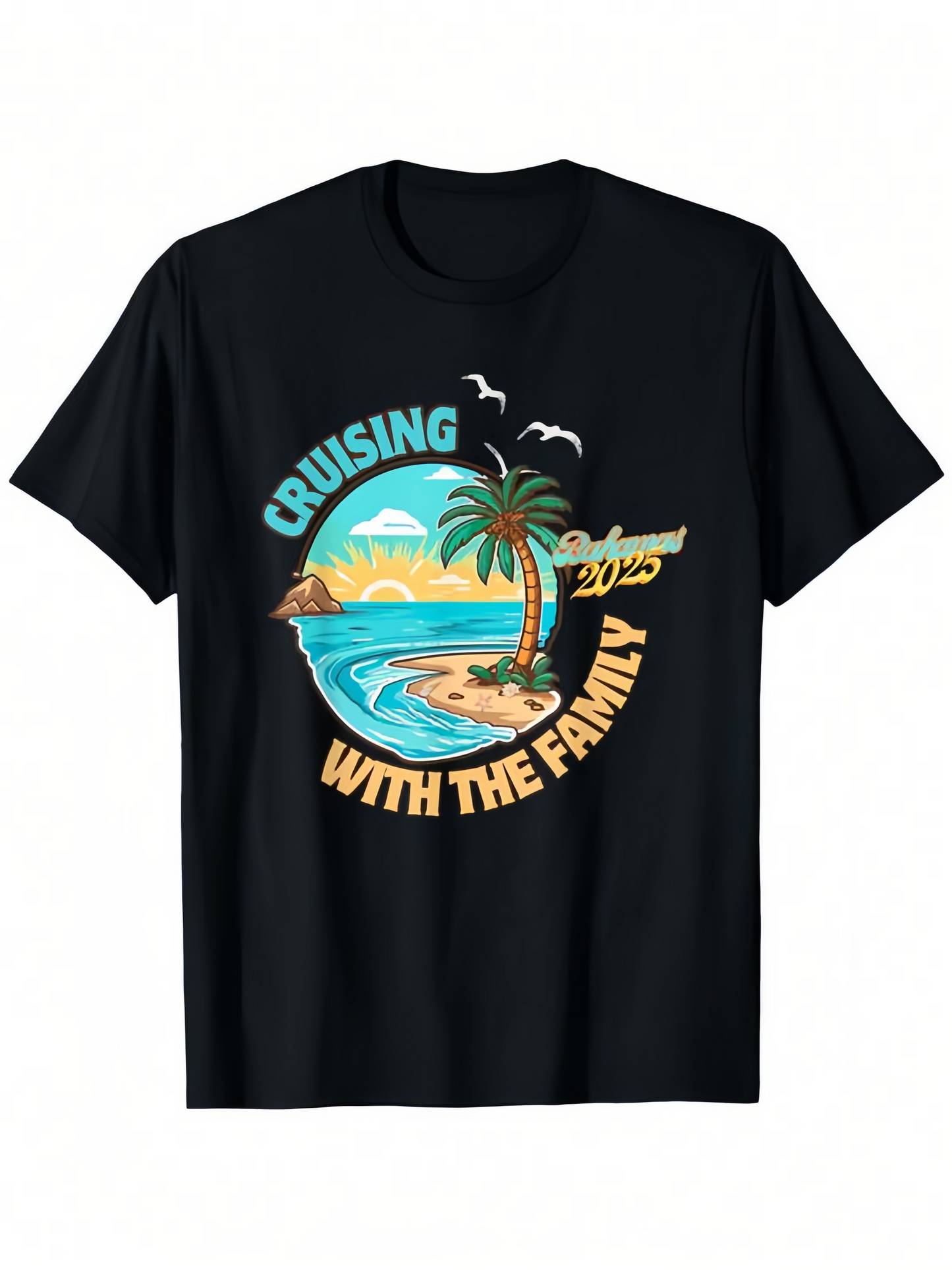 Men's Graphic T-Shirt Cruising With The Family Golden Sunset Beach With Palm Trees And Calm Blue Ocean Shoreline