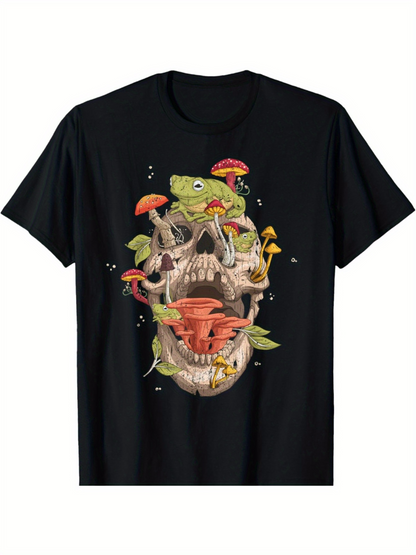 Men's Graphic T-Shirt Lush Forest Mushrooms Growing Over Skull And Lizard