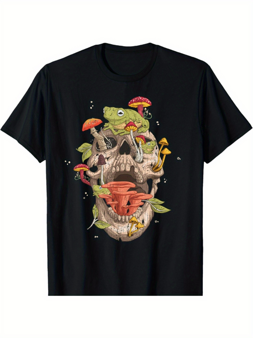 Men's Graphic T-Shirt Lush Forest Mushrooms Growing Over Skull And Lizard