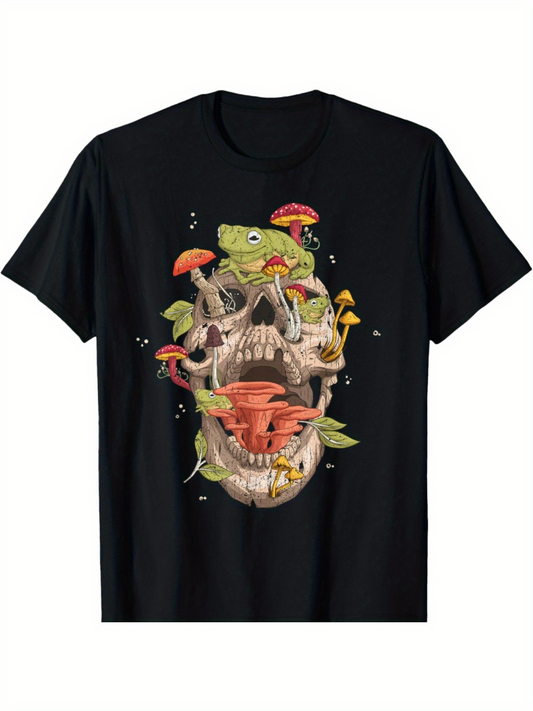 Men's Graphic T-Shirt Lush Forest Mushrooms Growing Over Skull And Lizard