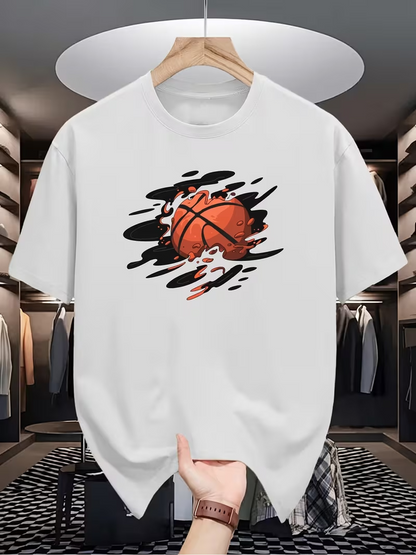 Men's Graphic T-Shirt Shattered Abstract Motion With Fiery Patterns Surrounding A Basketball