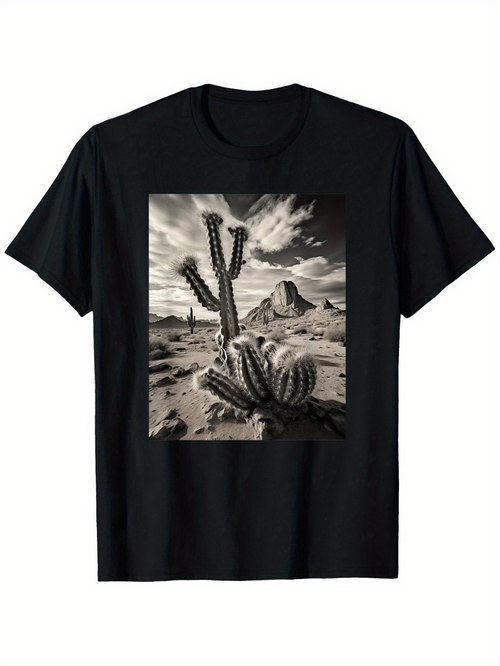 Men's Graphic T-Shirt Expansive Desert Landscape With Rolling Clouds Cacti And Majestic Mountains