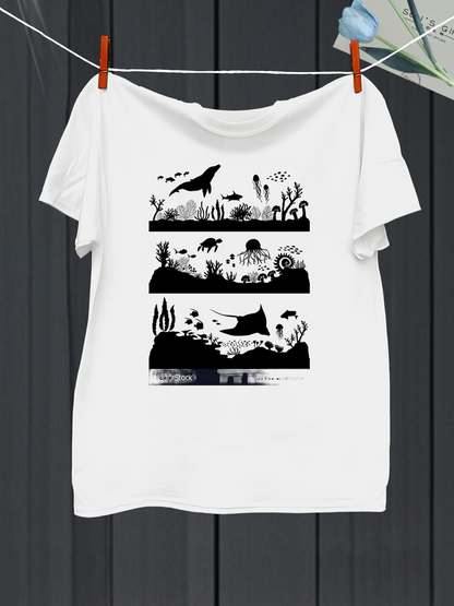 Men's Graphic T-Shirt Marine Life Silhouettes Swimming Among Coral With Ocean Creatures