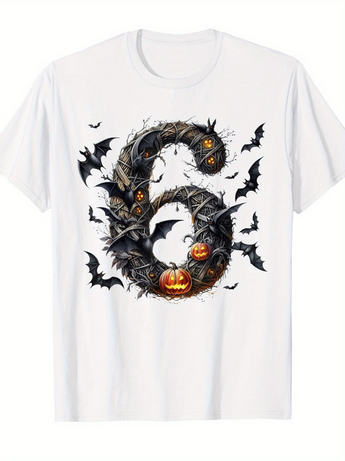 Men's Graphic T-Shirt Halloween Pumpkins And Flying Bats Swirling Around Number
