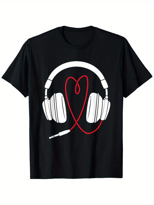 Men's Graphic T-Shirt Red Heart Shaped Wired Headphones On Black T Shirt