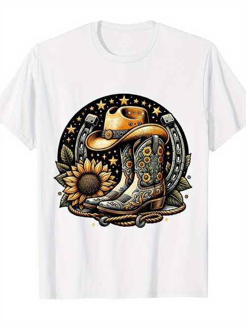 Men's Graphic T-Shirt Whimsical Sunflower Blossoms With Western Boots Under Starlit Cowboy Hat