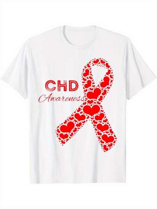 Men's Graphic T-Shirt CHD Awareness Decorative Ribbon With Patterned Red Hearts Symbol