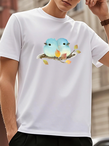 Men's Graphic T-Shirt Delicate Autumn Branch With Two Blue Songbirds Resting Together