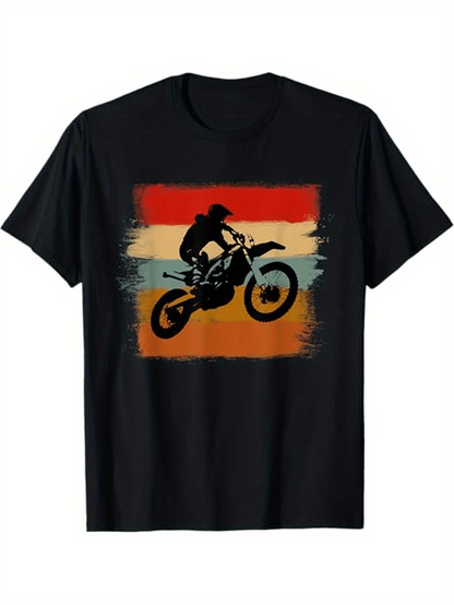 Men's Graphic T-Shirt Sunset Stripes With Motorbike Silhouette Under Dramatic Sky Motocross Rider