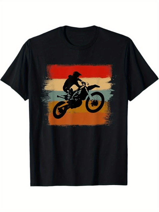 Men's Graphic T-Shirt Sunset Stripes With Motorbike Silhouette Under Dramatic Sky Motocross Rider