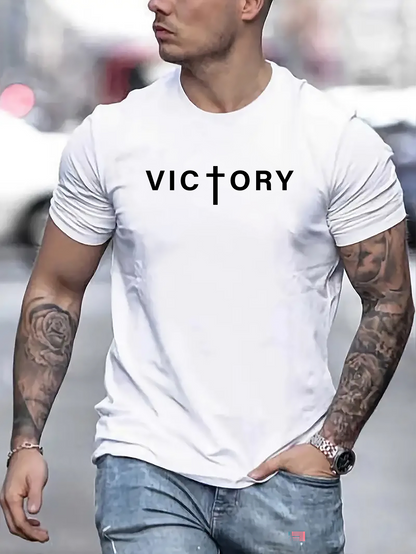 Men's Graphic T-Shirt Victory Lettering With Cross Symbol On Clean Cotton Tee