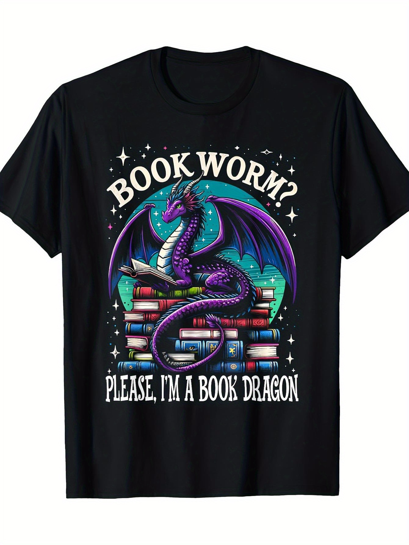 Men's Graphic T-Shirt Book Worm Please I Am A Book Dragon Surrounded By Stacked Colorful Books And A Majestic Purple Dragon