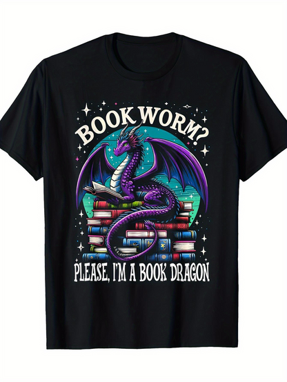 Men's Graphic T-Shirt Book Worm Please I Am A Book Dragon Surrounded By Stacked Colorful Books And A Majestic Purple Dragon