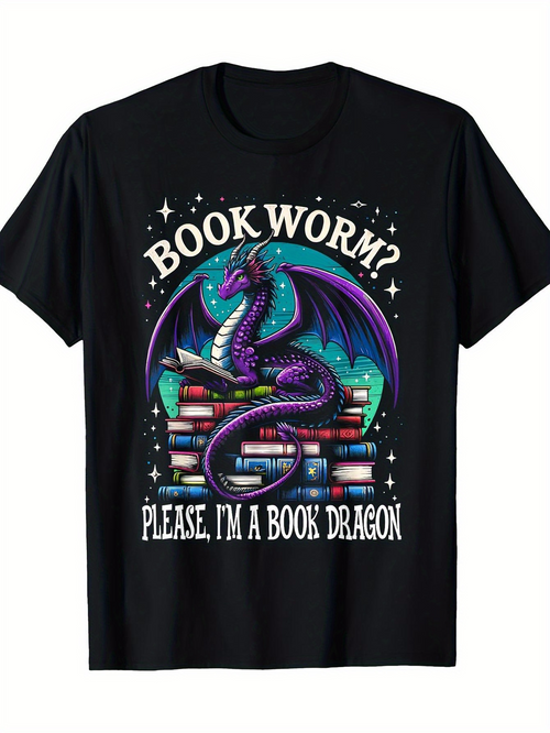 Men's Graphic T-Shirt Book Worm Please I Am A Book Dragon Surrounded By Stacked Colorful Books And A Majestic Purple Dragon