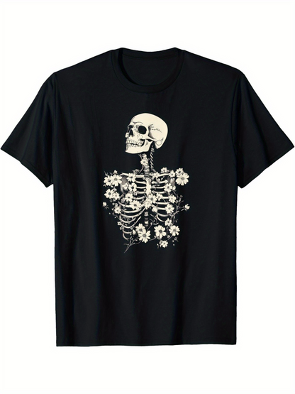 Men's Graphic T-Shirt Blooming Skeleton With Delicate White Flowers Growing From Bones