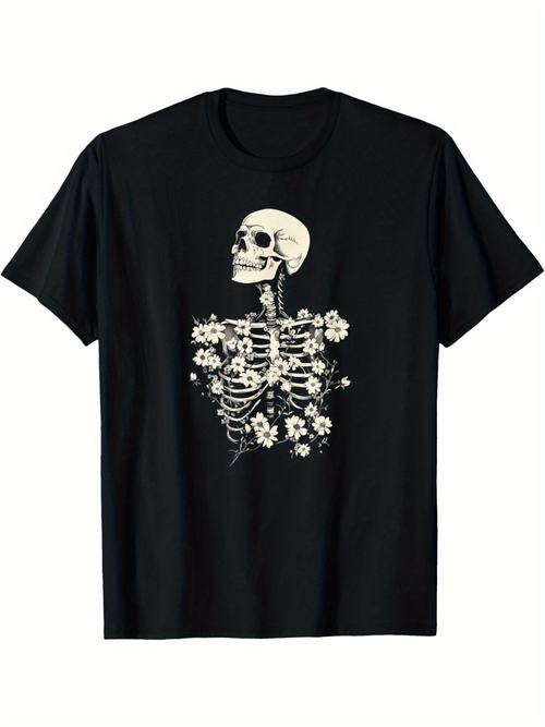 Men's Graphic T-Shirt Blooming Skeleton With Delicate White Flowers Growing From Bones