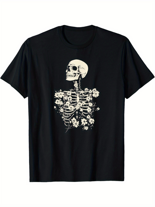 Men's Graphic T-Shirt Blooming Skeleton With Delicate White Flowers Growing From Bones