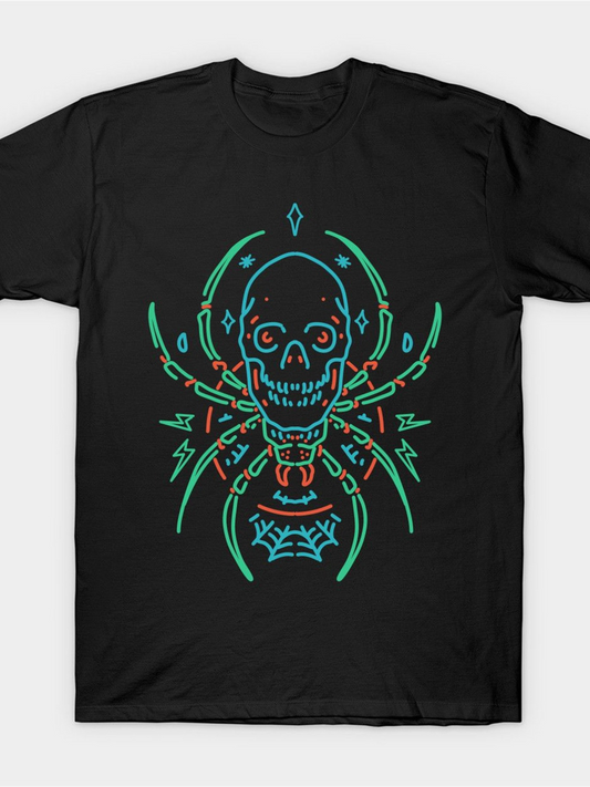 Men's Graphic T-Shirt Glowing Neon Symmetrical Lines With Skull And Spider Fusion