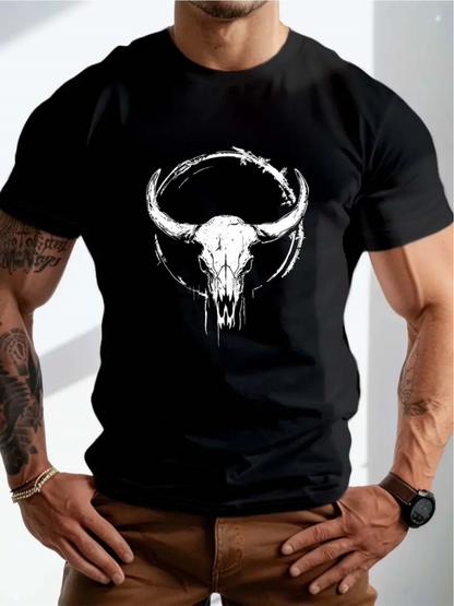 Men's Graphic T-Shirt Weathered Horned Skull With Painted Circular Shadows Skull