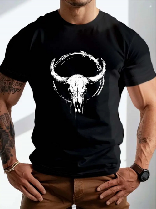 Men's Graphic T-Shirt Weathered Horned Skull With Painted Circular Shadows Skull
