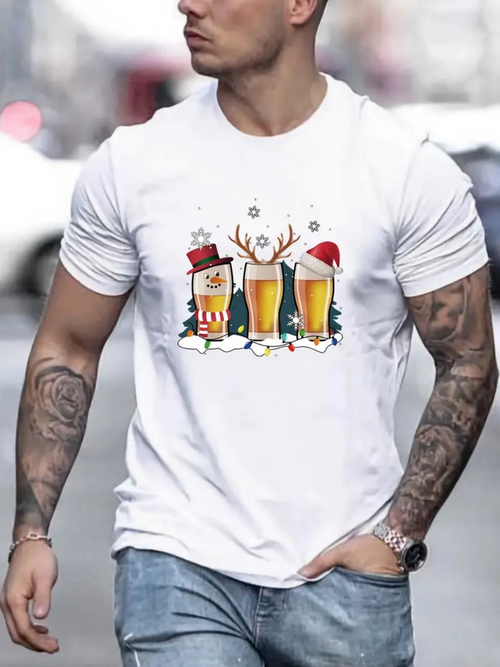 Men's Graphic T-Shirt Snowy Christmas Party With Santa Hat And Reindeer Beer Glasses