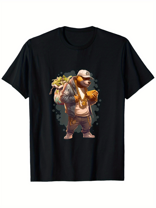 Men's Graphic T-Shirt Urban Style Bear With Gold Chains Backpack And Baseball Cap Bear
