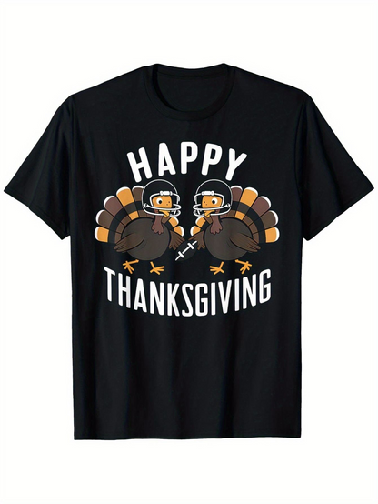 Men's Graphic T-Shirt Happy Thanksgiving Cartoon Turkeys Wearing Helmets On Football Field