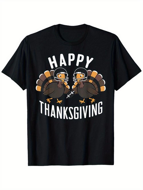 Men's Graphic T-Shirt Happy Thanksgiving Cartoon Turkeys Wearing Helmets On Football Field
