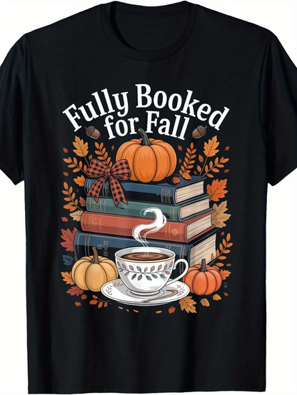 Men's Graphic T-Shirt Fully Booked For Fall Cozy Stacked Books With Pumpkins And Steaming Tea Cup