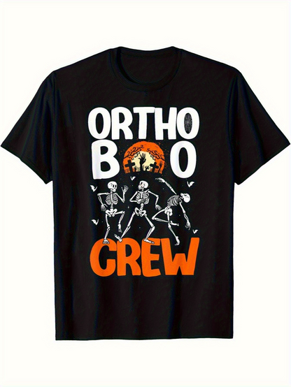 Men's Graphic T-Shirt Ortho Boo Crew Dancing Skeletons With Orange Rising Moon
