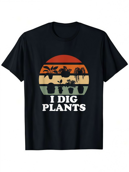 Men's Graphic T-Shirt I Dig Plants Retro Sunset With Silhouetted Tropical Potted Plant
