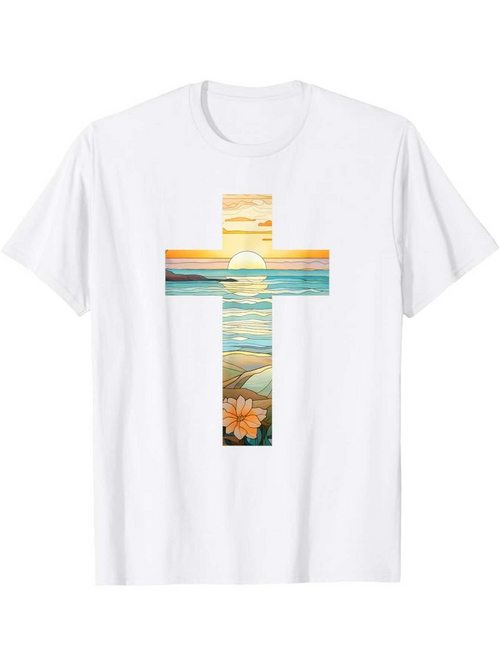 Men's Graphic T-Shirt Golden Coastal Sunrise Reflected In Cross Silhouette With Ocean Horizon