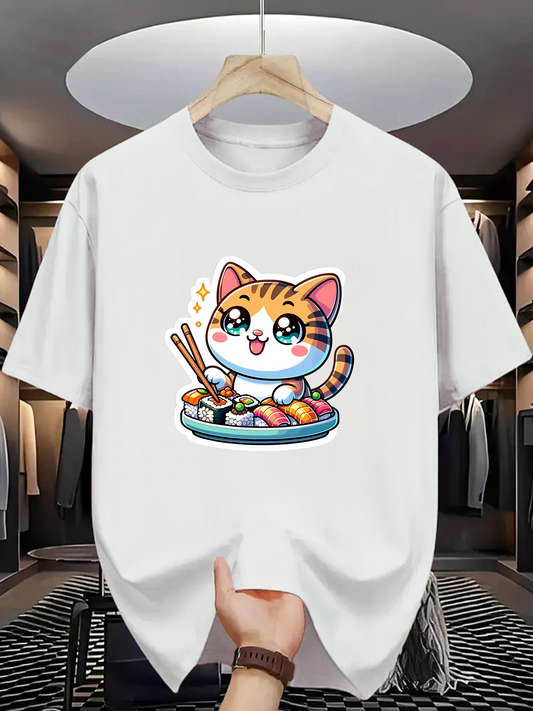 Men's Graphic T-Shirt Playful Manga Style Cat With Sushi Platter Sitting Cheerfully Dining Cat