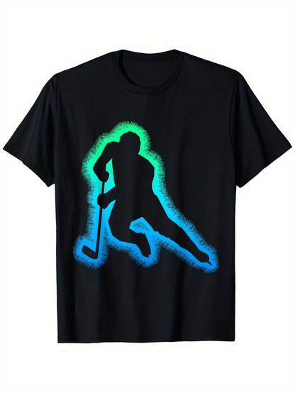 Men's Graphic T-Shirt Glowing Blue And Green Silhouette Playing Sport Hockey Player