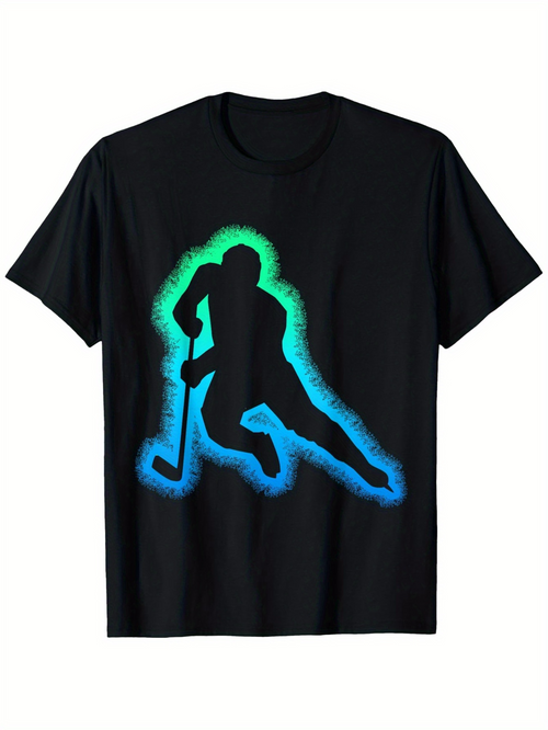 Men's Graphic T-Shirt Glowing Blue And Green Silhouette Playing Sport Hockey Player