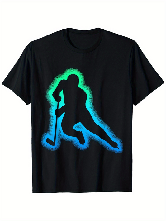 Men's Graphic T-Shirt Glowing Blue And Green Silhouette Playing Sport Hockey Player