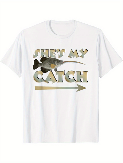 Men's Graphic T-Shirt Shes My Catch Metallic Letters With Arrow Through Fish