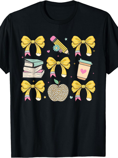 Men's Graphic T-Shirt Sparkling Bows And Books With Coffee Pencil And Apple
