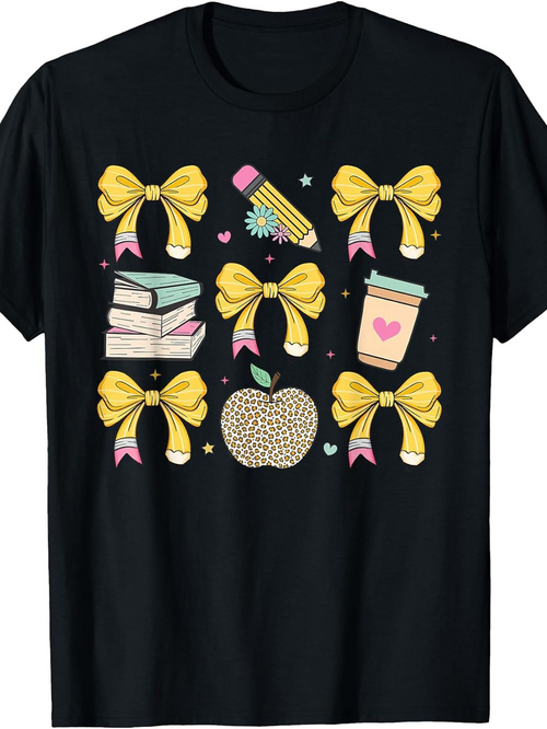 Men's Graphic T-Shirt Sparkling Bows And Books With Coffee Pencil And Apple