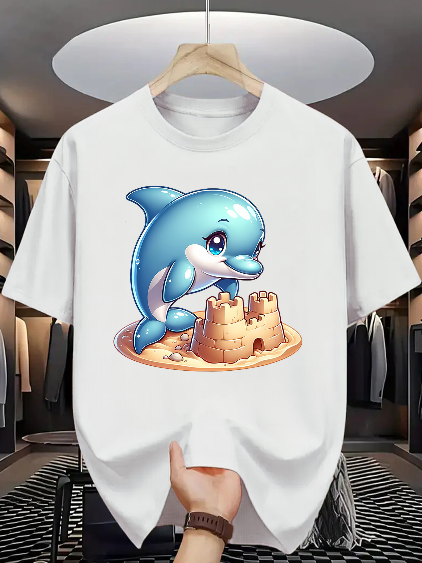 Men's Graphic T-Shirt Playful Baby Dolphin With Sandcastle On Sunny Beach Dolphin