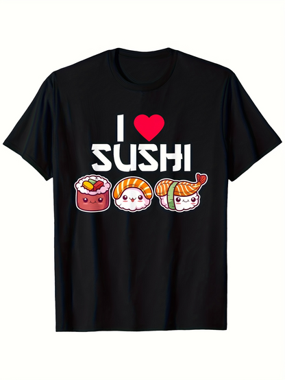 Men's Graphic T-Shirt I Love Sushi With Three Smiling Sushi Cartoon Characters