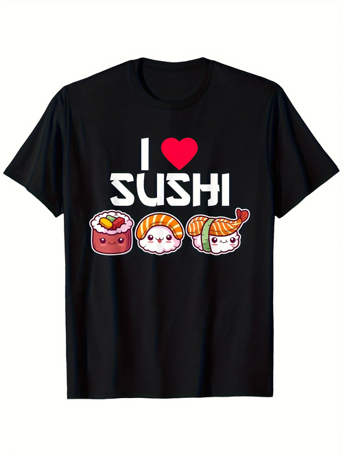Men's Graphic T-Shirt I Love Sushi With Three Smiling Sushi Cartoon Characters