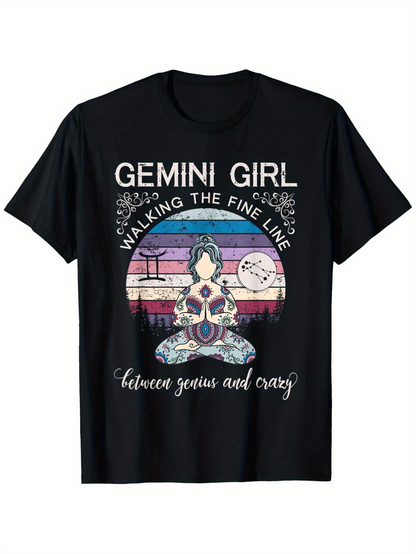 Men's Graphic T-Shirt Gemini Girl Walking The Fine Line Between Genius And Crazy Yoga Woman