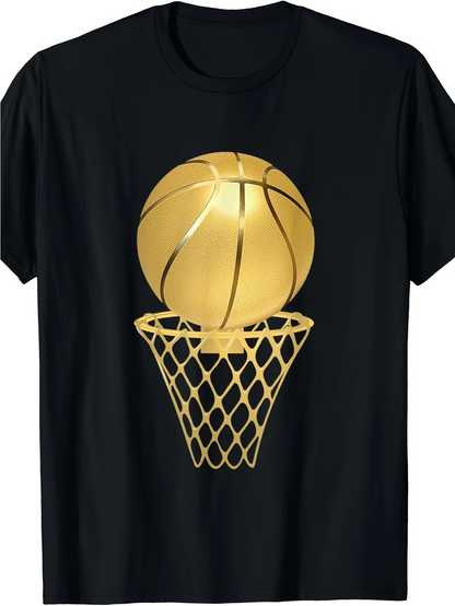 Men's Graphic T-Shirt Shining Gold Basketball Dropping Into A Net Hoop Game