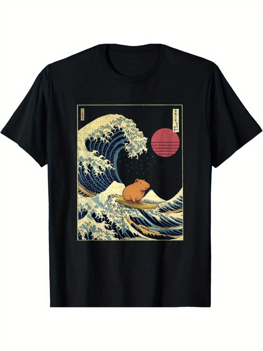 Men's Graphic T-Shirt Majestic Waves With Rising Sun Featuring A Brown Bear