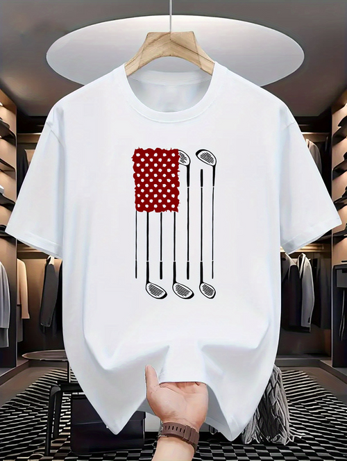 Men's Graphic T-Shirt Red Dotted Pattern With Golf Clubs On White Background