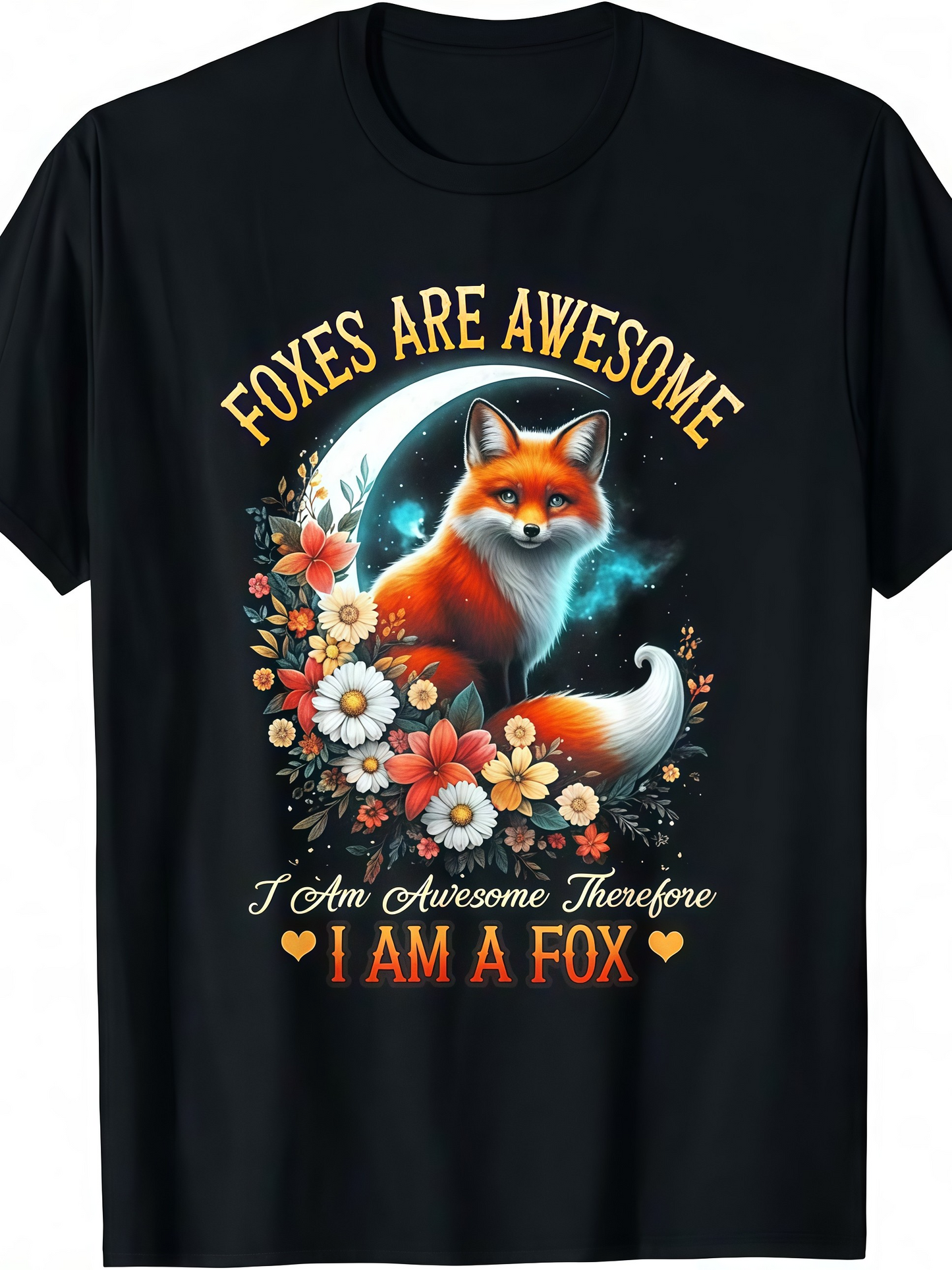 Men's Graphic T-Shirt Foxes Are Awesome With Colorful Flowers Under A Glowing Moon Fox