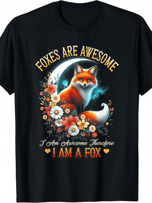 Men's Graphic T-Shirt Foxes Are Awesome With Colorful Flowers Under A Glowing Moon Fox